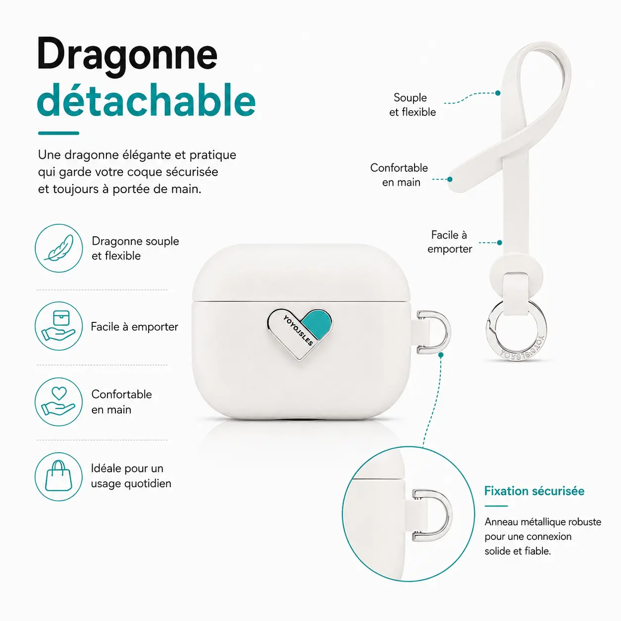Dragonne détachable souple et flexible pour étui AirPods Pro 3 YOYOISLES avec fixation métallique sécurisée