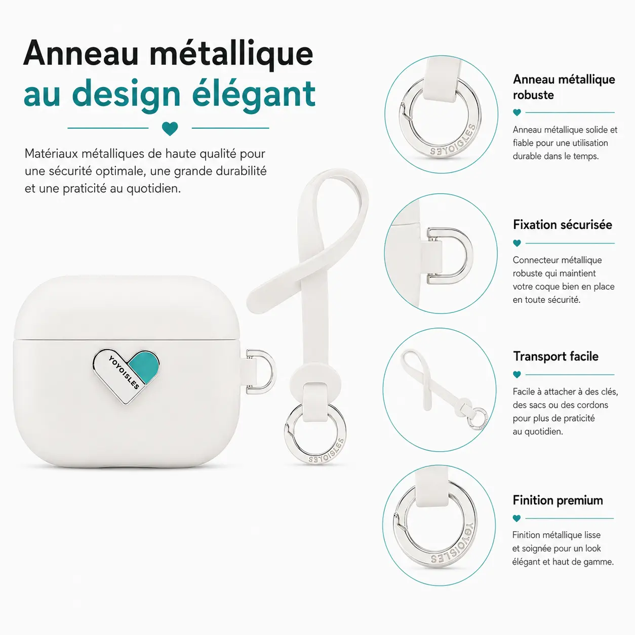 Anneau métallique au design élégant mousqueton solide et finitions premium pour coque AirPods Pro 3