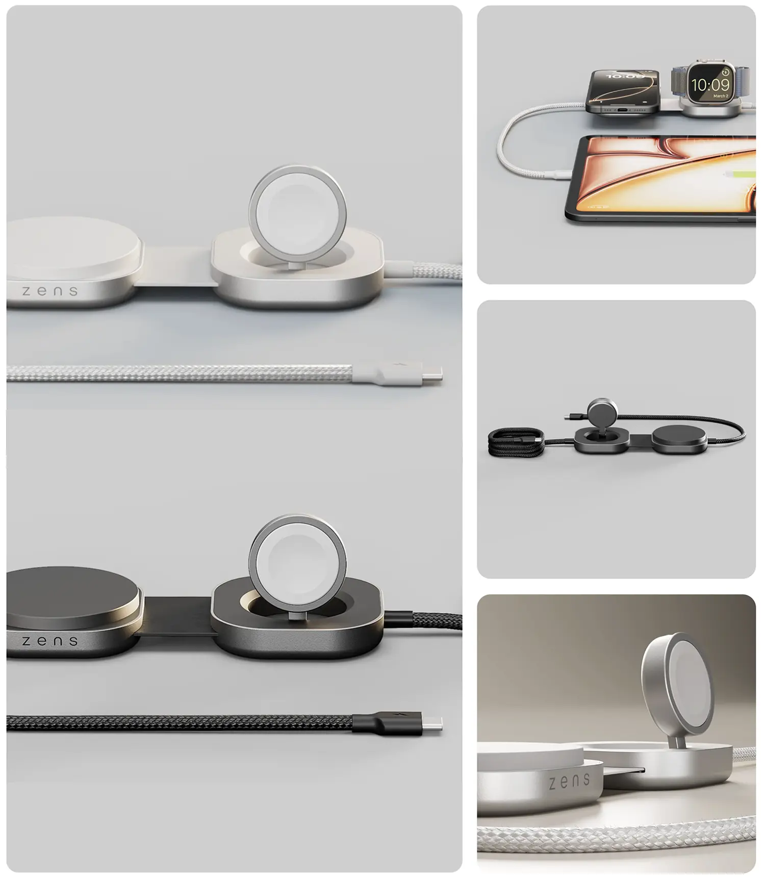 Chargeur Induction MagSafe Pliable ZENS Pro 3 avec Chargeur Apple Watch & Câble de Charge USB-C - Patchwork de visuels en situation