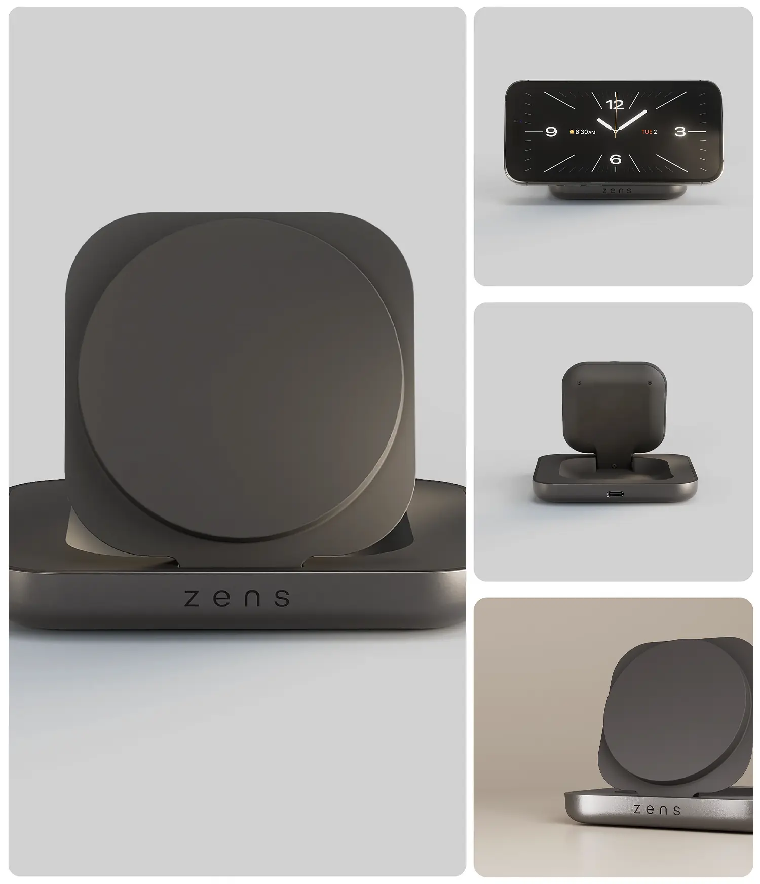 Chargeur Induction Pliable ZENS NightStand Qi2 - Patchwork de visuels en situation