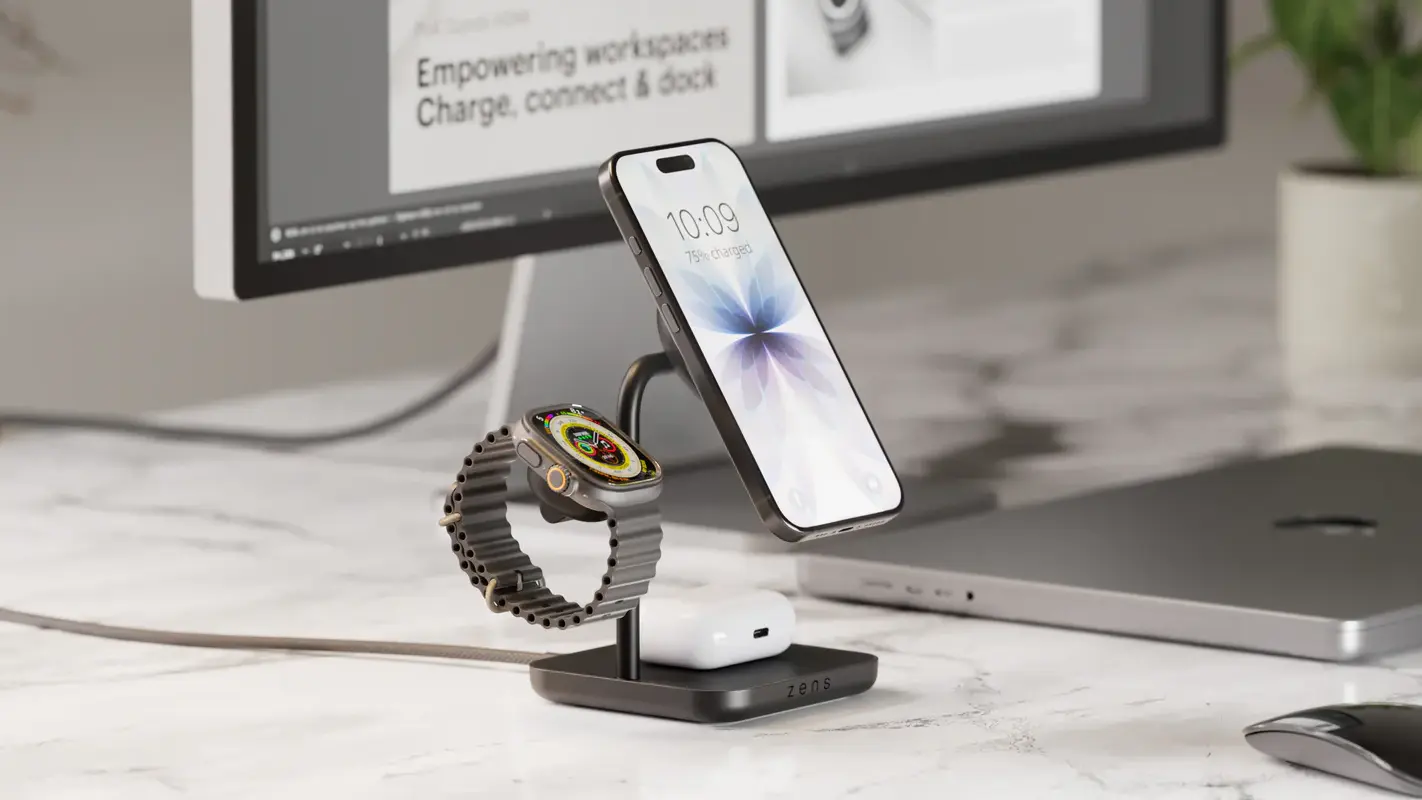 Chargeur Induction MagSafe ZENS Office Pro 3 avec appareils en charge sur un bureau