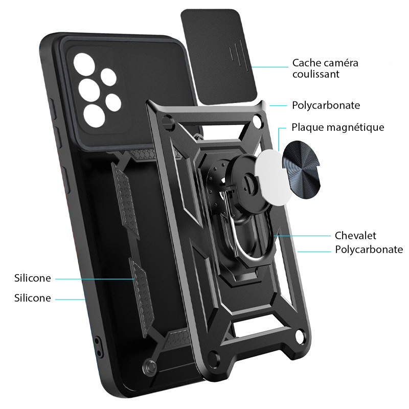 Coque Armor Chevalet avec Cache Caméra Coulissant pour Galaxy A52 4G & 5G