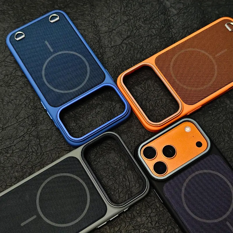 Collection de coques SkinFeel MagSafe pour iPhone 17 Pro Max – modèles bleu, orange, gris et noir en finition textile