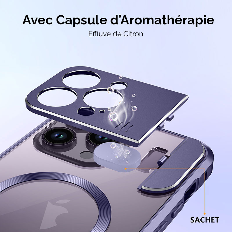 Coque MagSafe Avec Cache Caméra Chevalet & Diffuseur D'Aromathérapie pour iPhone 15 Pro Max